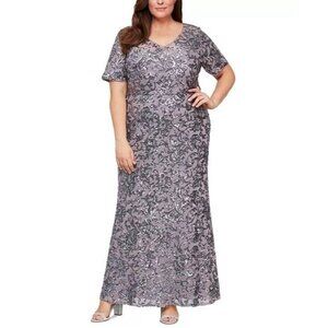 Alex Evenings Plus Size 16W Purple Sequined Short Sleeve Formal Gown Cocktail